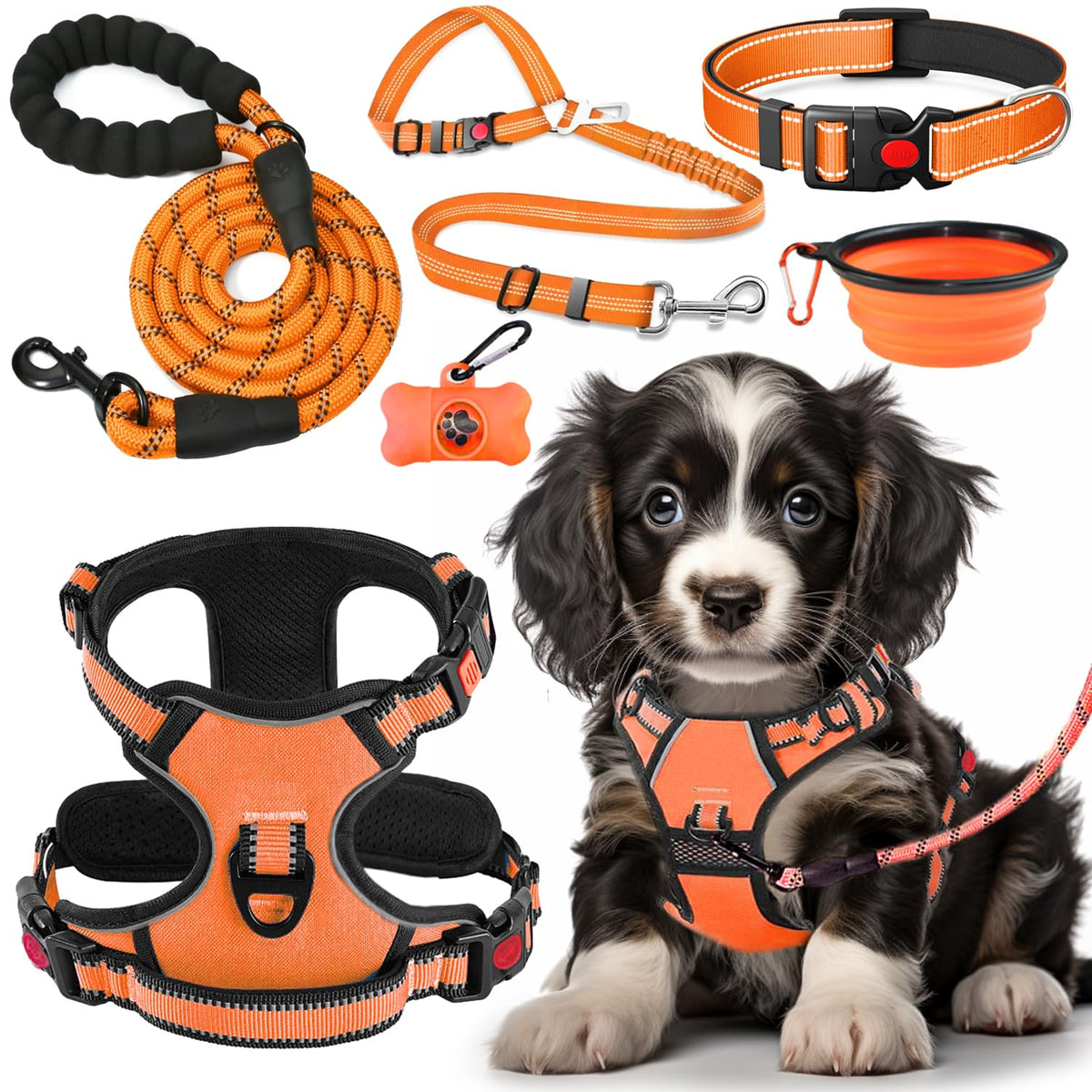 Lobeve No Pull Dog Harness, Collar & Leash Set with Reflective Seat Belt, Portable Bowl, and Poop Bag Dispenser - Ideal for Training, Walking, Hiking - Fits Small to Large Dogs