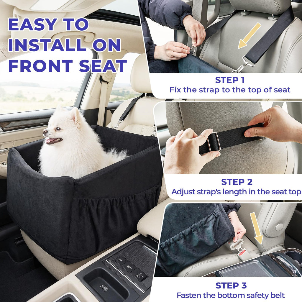 BurgeonNest Dog Car Seat for Small Dogs Under 25 lbs, Puppy Booster Car Seat Fully Detachable and Washable Dog Bed with Storage Pockets Portable Carrier