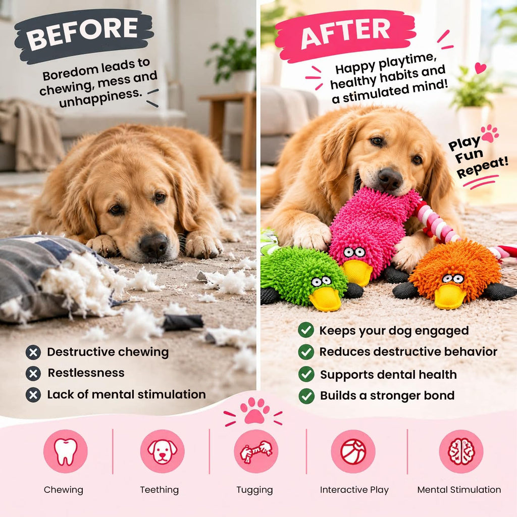 TAILTRAILS Colorful Duck Dog Toy for Aggressive Chewers, Plush Chew & Tug Toy with Textured Body and Rope Tail, Interactive Puppy Toy for Small, Medium & Large Dogs, 1 Unit, Random Color