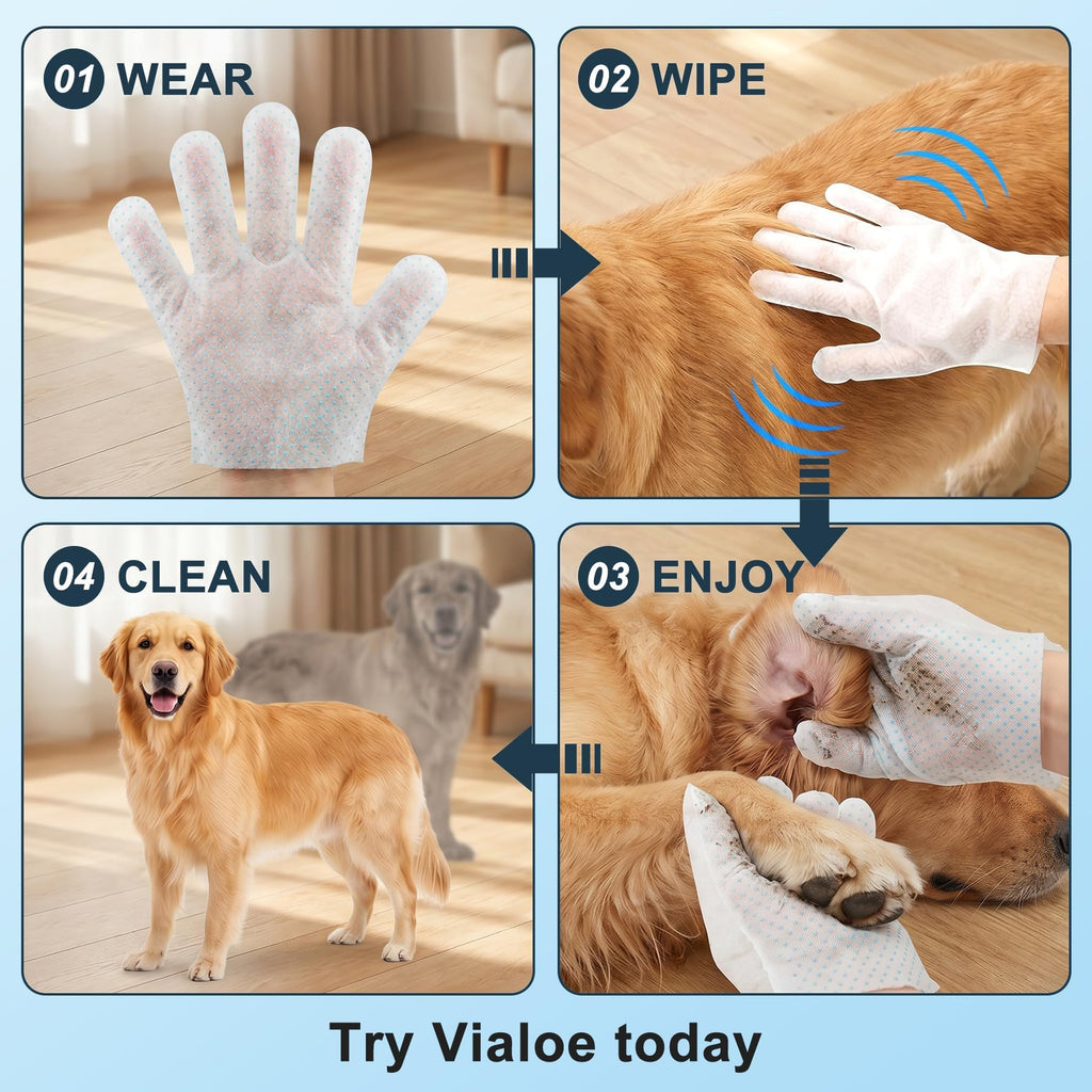 Vialoe 4-in-1 Pet Grooming Glove Wipes – Deshedding, Cleaning, Massage & Coat Care – Removes Loose Fur, Dirt & Odor – Honey, Shea Butter & Oat – 5X Moisture – Waterless Dog & Cat Bath