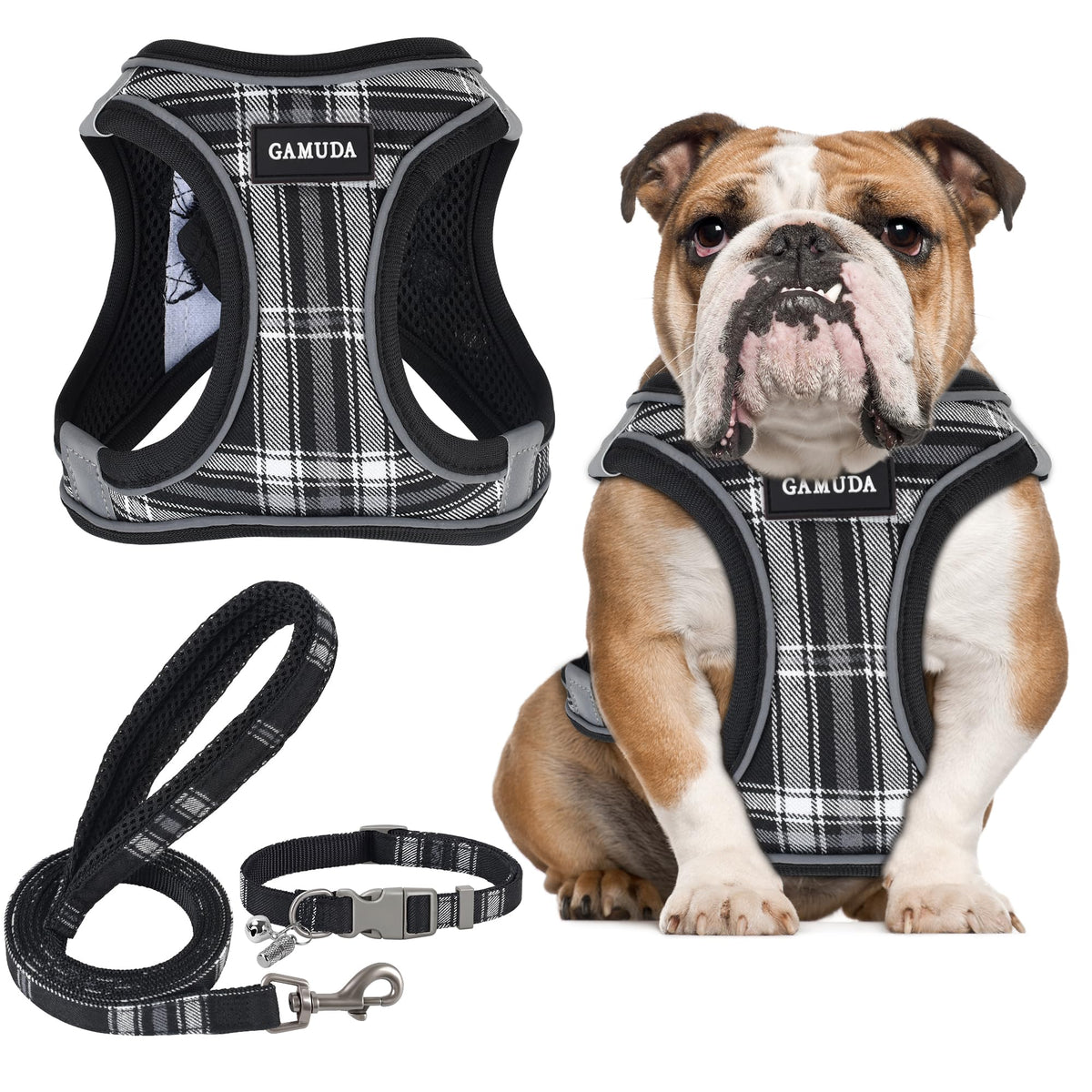 GAMUDA Small Pet Harness Collar and Leash Set, Step in No Chock No Pull Soft Mesh Adjustable Dog Vest Harnesses Plaid Reflective for Dogs Puppy Cats Kitten Rabbit
