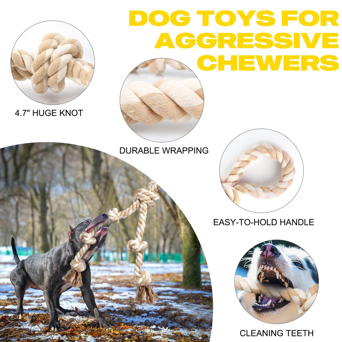 Fida Dog Rope Toys for Medium/Large Aggressive Chewers, Tough Indestructible Natural Cotton Rope, 3 Feet 5 Knots Tug of War Teeth Cleaning