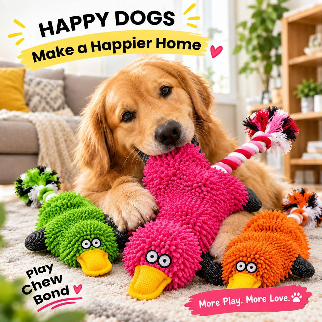 TAILTRAILS Colorful Duck Dog Toy for Aggressive Chewers, Plush Chew & Tug Toy with Textured Body and Rope Tail, Interactive Puppy Toy for Small, Medium & Large Dogs, 1 Unit, Random Color