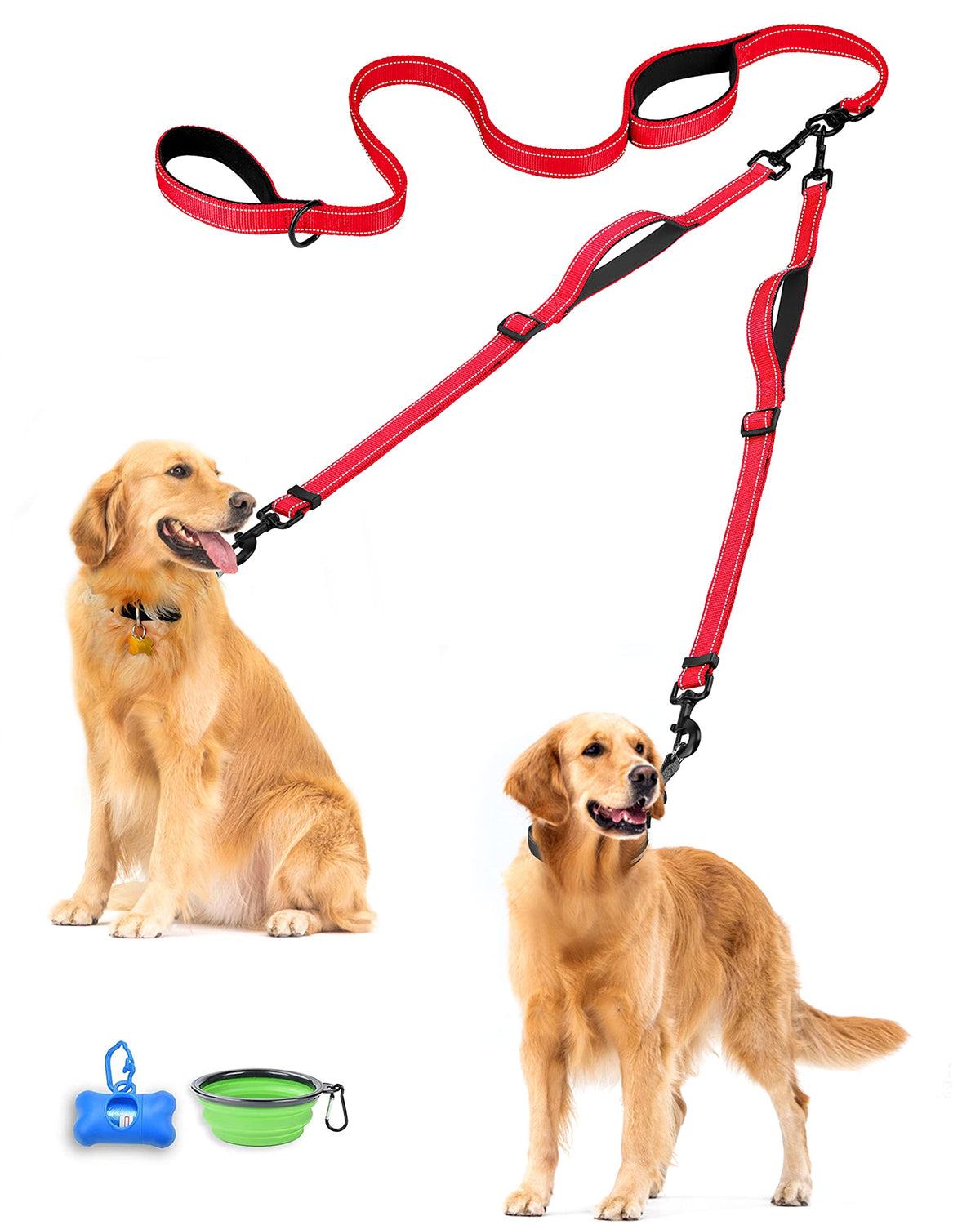 PetBonus Double Dog Leash, No Tangle Dual Leash, Reflective Walking Training Lead, 4 Comfortable Padded Handles for 2 Dogs with Collapsible Bowl and Waste Bags