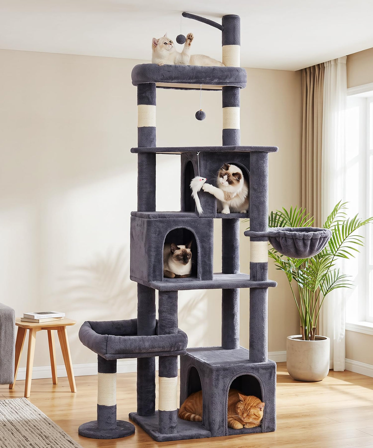 LIKISAK Heavy Duty Cat Tree for Indoor Cat, 74 Inch Cat Tower with Scratching Post, Hanging Basket, Cat Condo with Large Platform for Large Cats