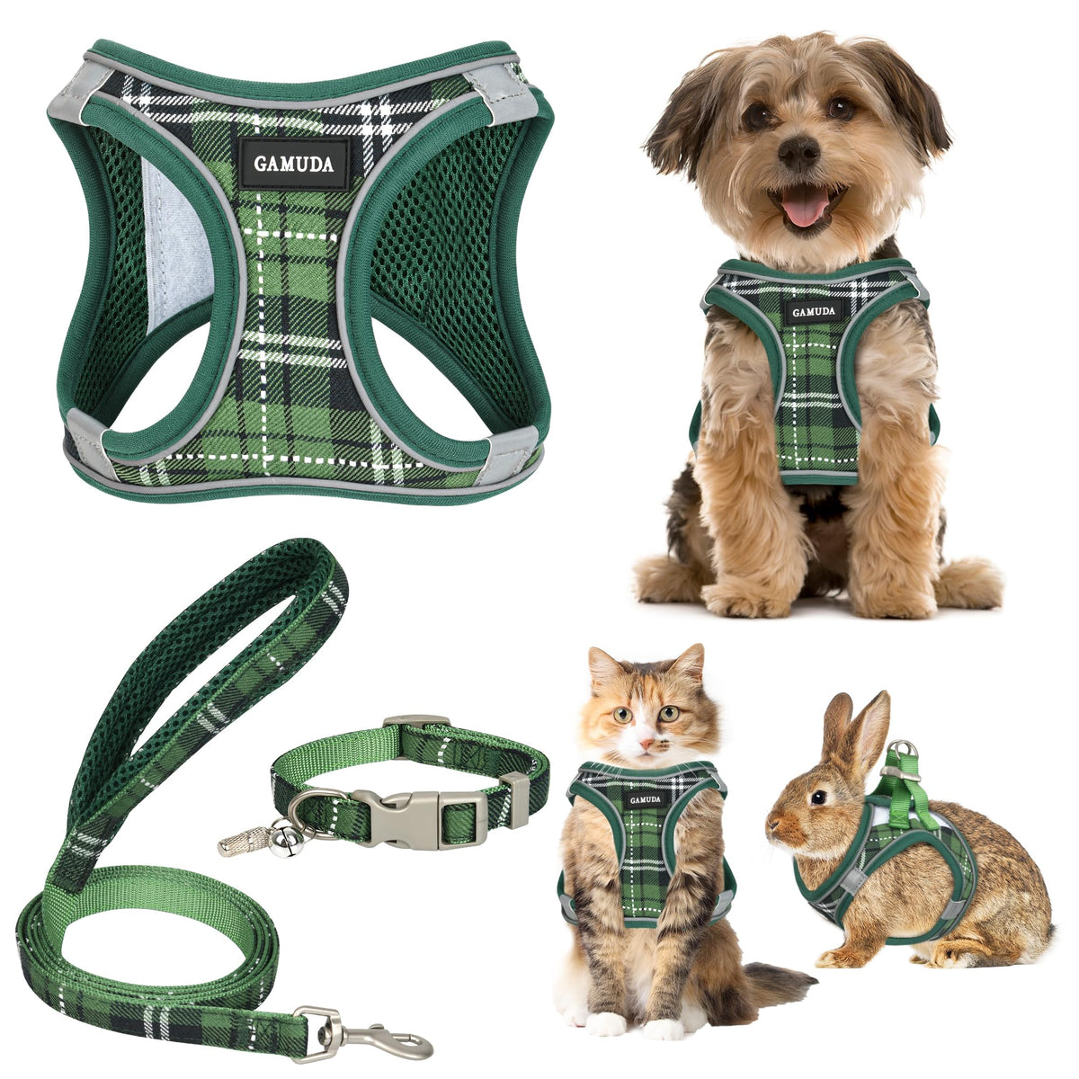 GAMUDA Small Pet Harness Collar and Leash Set, Step in No Chock No Pull Soft Mesh Adjustable Dog Vest Harnesses Plaid Reflective for Dogs Puppy Cats Kitten Rabbit