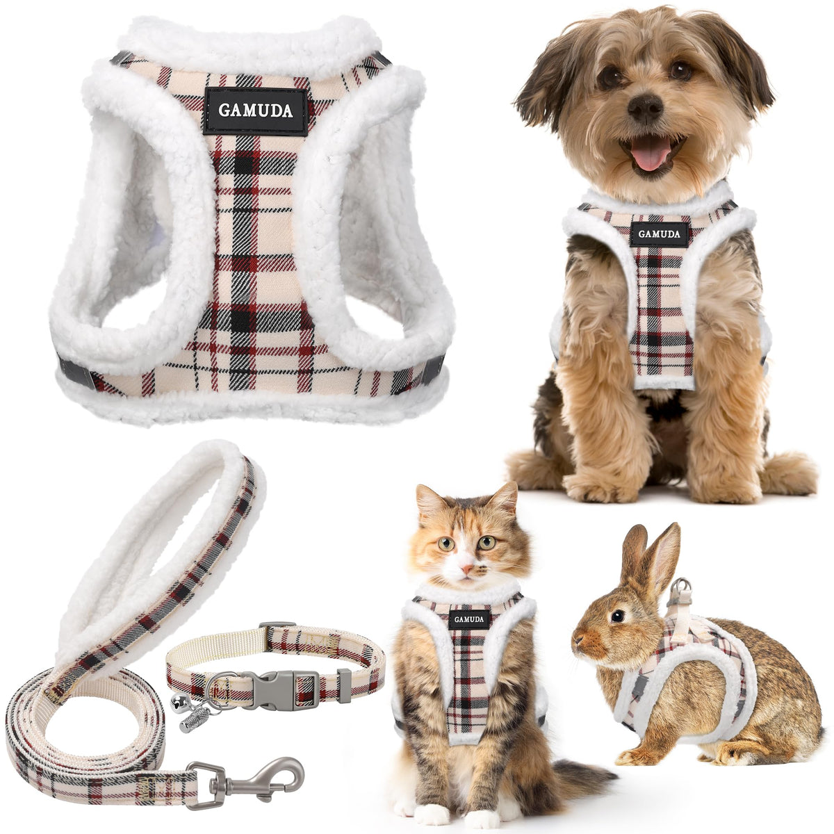 GAMUDA Small Pet Harness Collar and Leash Set, Step in No Chock No Pull Soft Mesh Adjustable Dog Vest Harnesses Plaid Reflective for Dogs Puppy Cats Kitten Rabbit