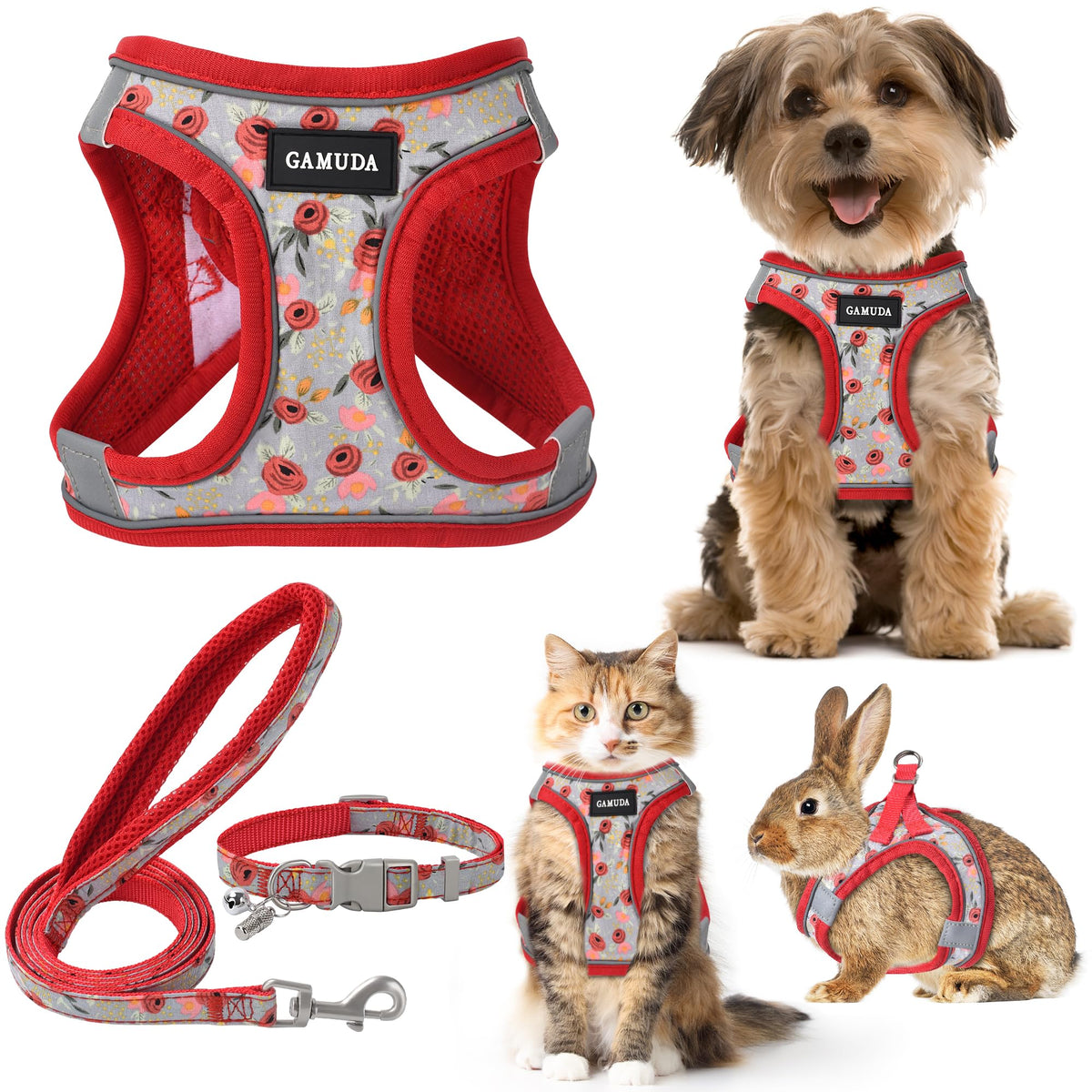 GAMUDA Small Pet Harness Collar and Leash Set, Step in No Chock No Pull Soft Mesh Adjustable Dog Vest Harnesses Plaid Reflective for Dogs Puppy Cats Kitten Rabbit