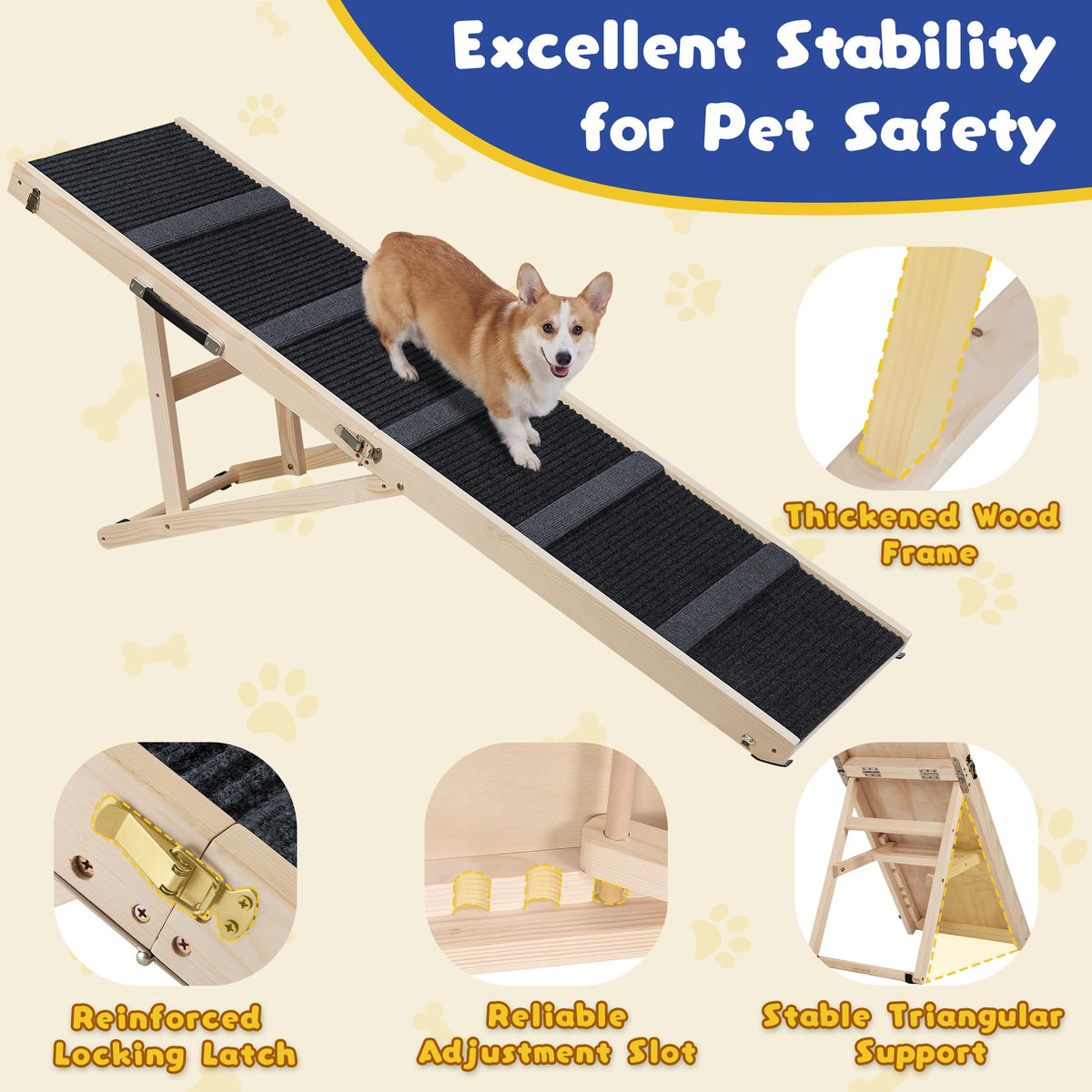 Staycalis Home 64" L Extra Long Dog Ramp for High Bed & Couch - 5 Adjustable Height 24" to 30" Wooden Non-Slip Pet Ramp, Portable Foldable Doggie Car Ramp for Small Medium Large Older Dogs
