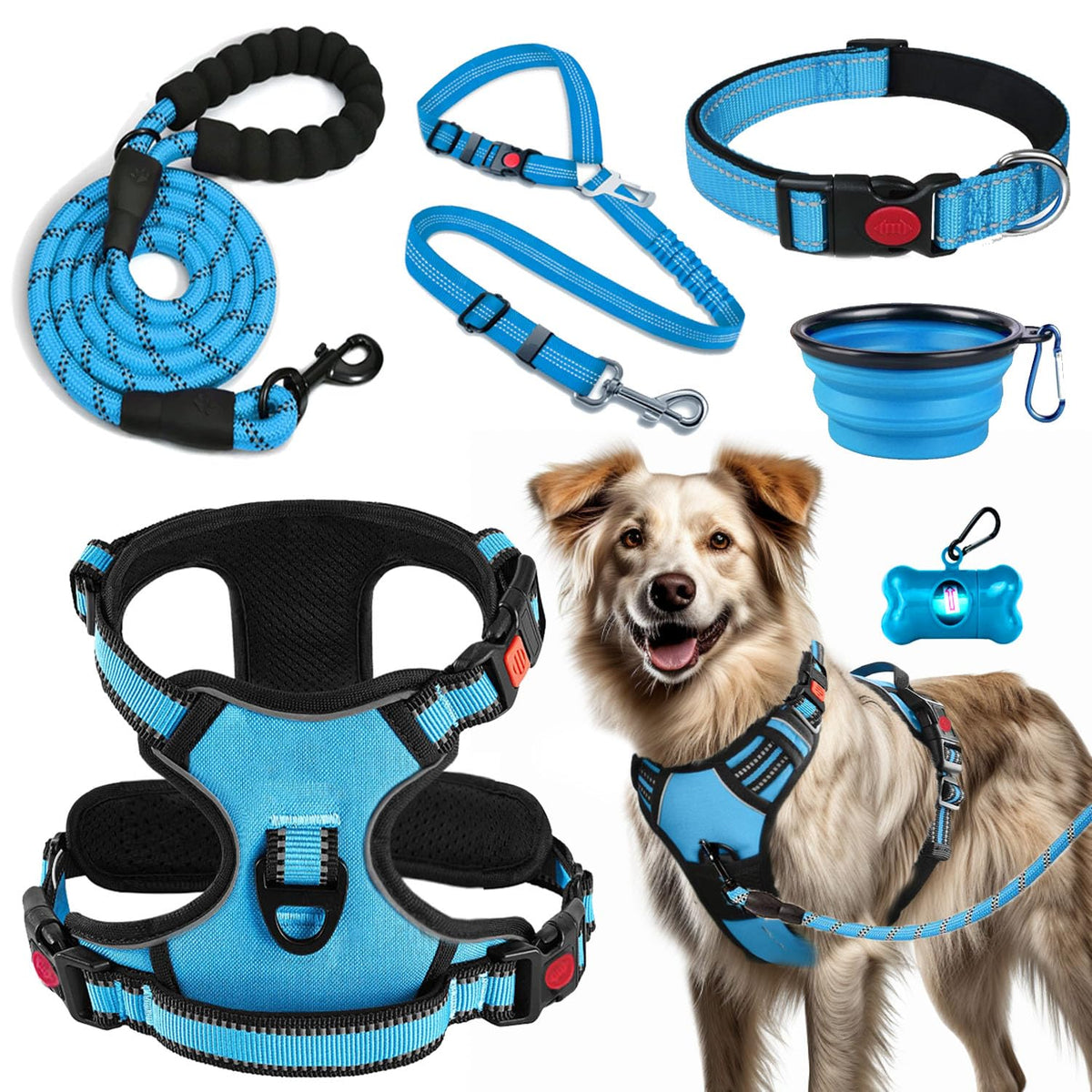 Lobeve No Pull Dog Harness, Collar & Leash Set with Reflective Seat Belt, Portable Bowl, and Poop Bag Dispenser - Ideal for Training, Walking, Hiking - Fits Small to Large Dogs