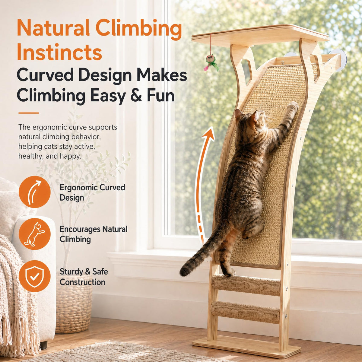 Cat Window Perch with Tall Scratching Posts, Inside Climbing Tree Hammmock Mounted with Suction Cups for Sleeping,Playing and Watching Birds