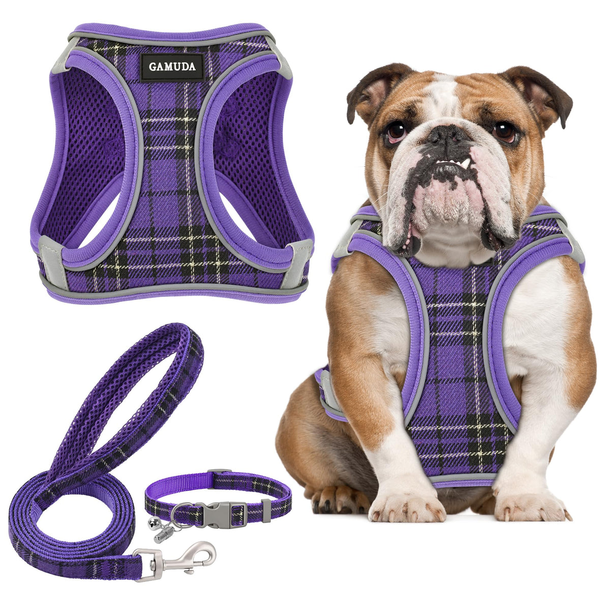 GAMUDA Small Pet Harness Collar and Leash Set, Step in No Chock No Pull Soft Mesh Adjustable Dog Vest Harnesses Plaid Reflective for Dogs Puppy Cats Kitten Rabbit