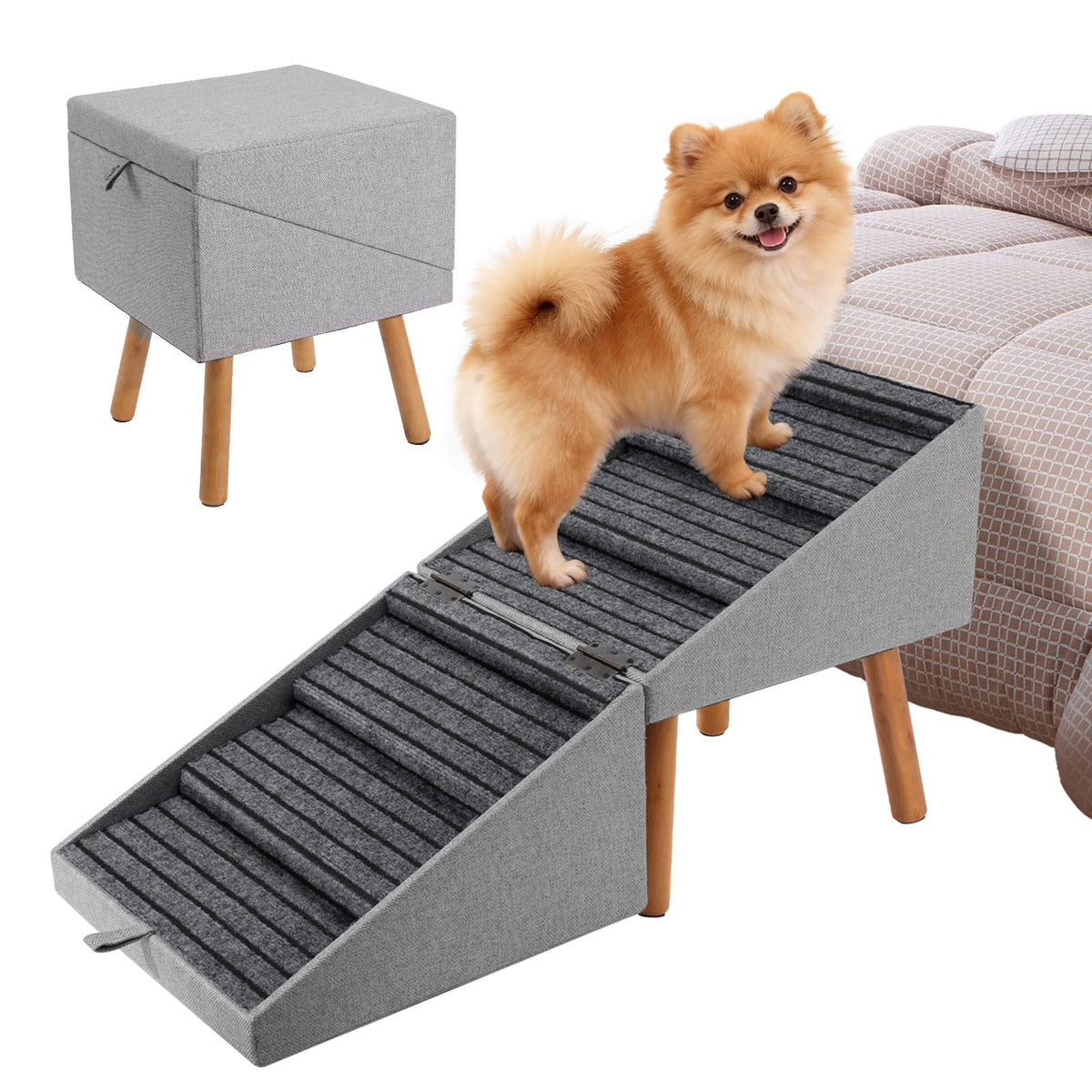 Dog Ramp for Bed & Couch, Dog Stairs 21.06 inches High for Large/Medium/Small Doggie,Split Ottoman Foldable 2 in 1 Wooden Pet Steps for Older and Injured Dogs, No-Slip Surface