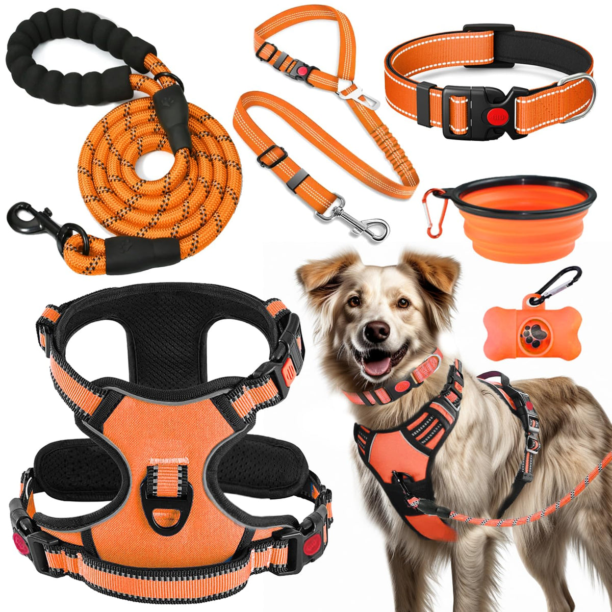 Lobeve No Pull Dog Harness, Collar & Leash Set with Reflective Seat Belt, Portable Bowl, and Poop Bag Dispenser - Ideal for Training, Walking, Hiking - Fits Small to Large Dogs