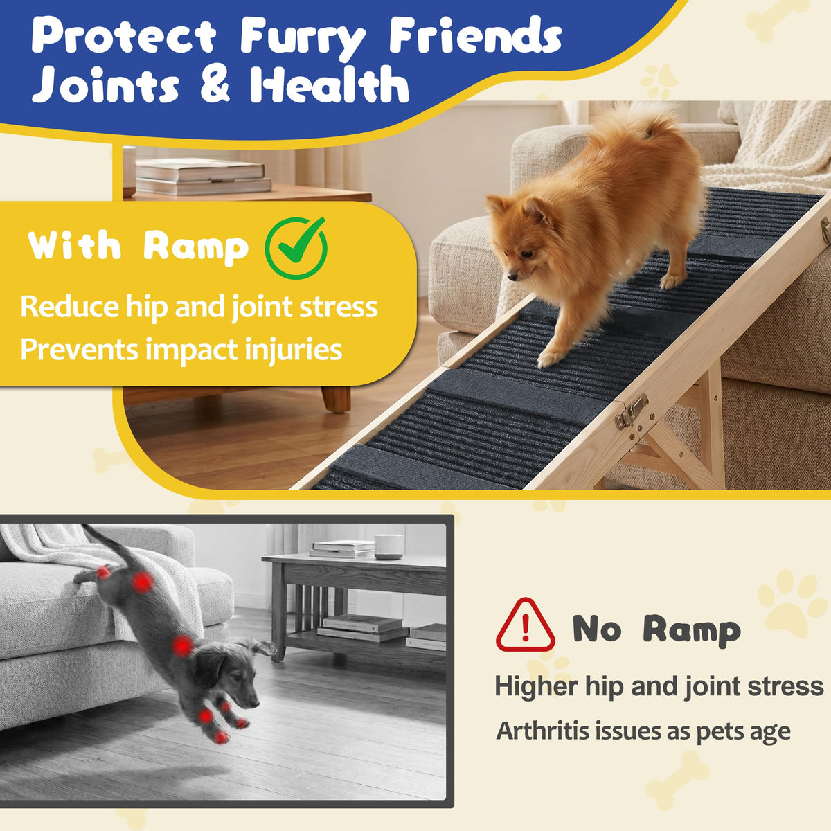Staycalis Home 64" L Extra Long Dog Ramp for High Bed & Couch - 5 Adjustable Height 24" to 30" Wooden Non-Slip Pet Ramp, Portable Foldable Doggie Car Ramp for Small Medium Large Older Dogs