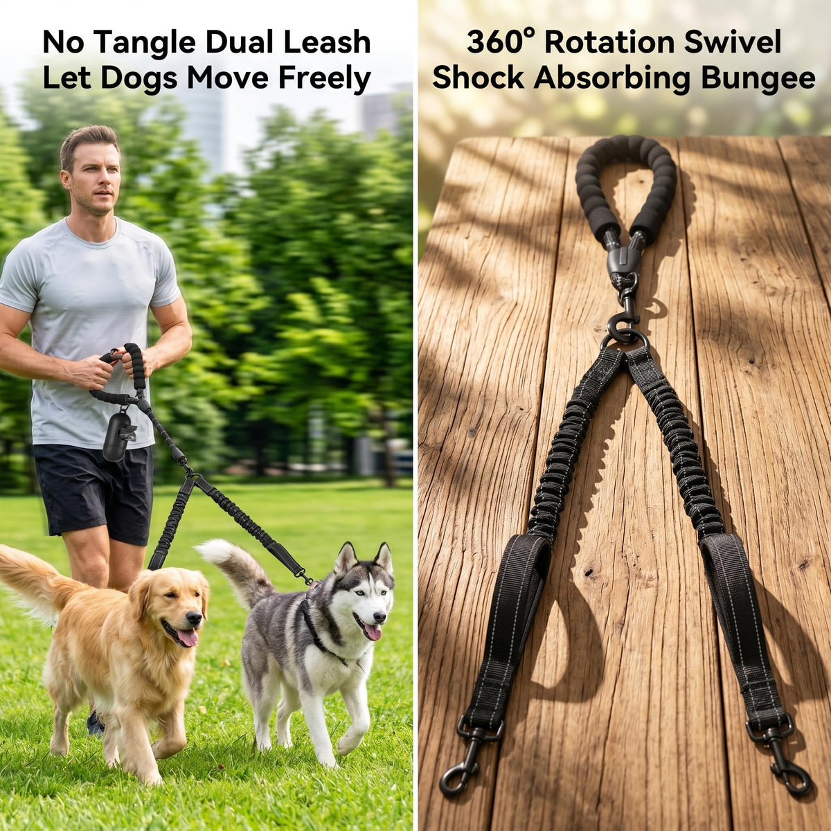 Double Dog Leash, Reflective Shock Absorbing Bungee for 2 Dogs