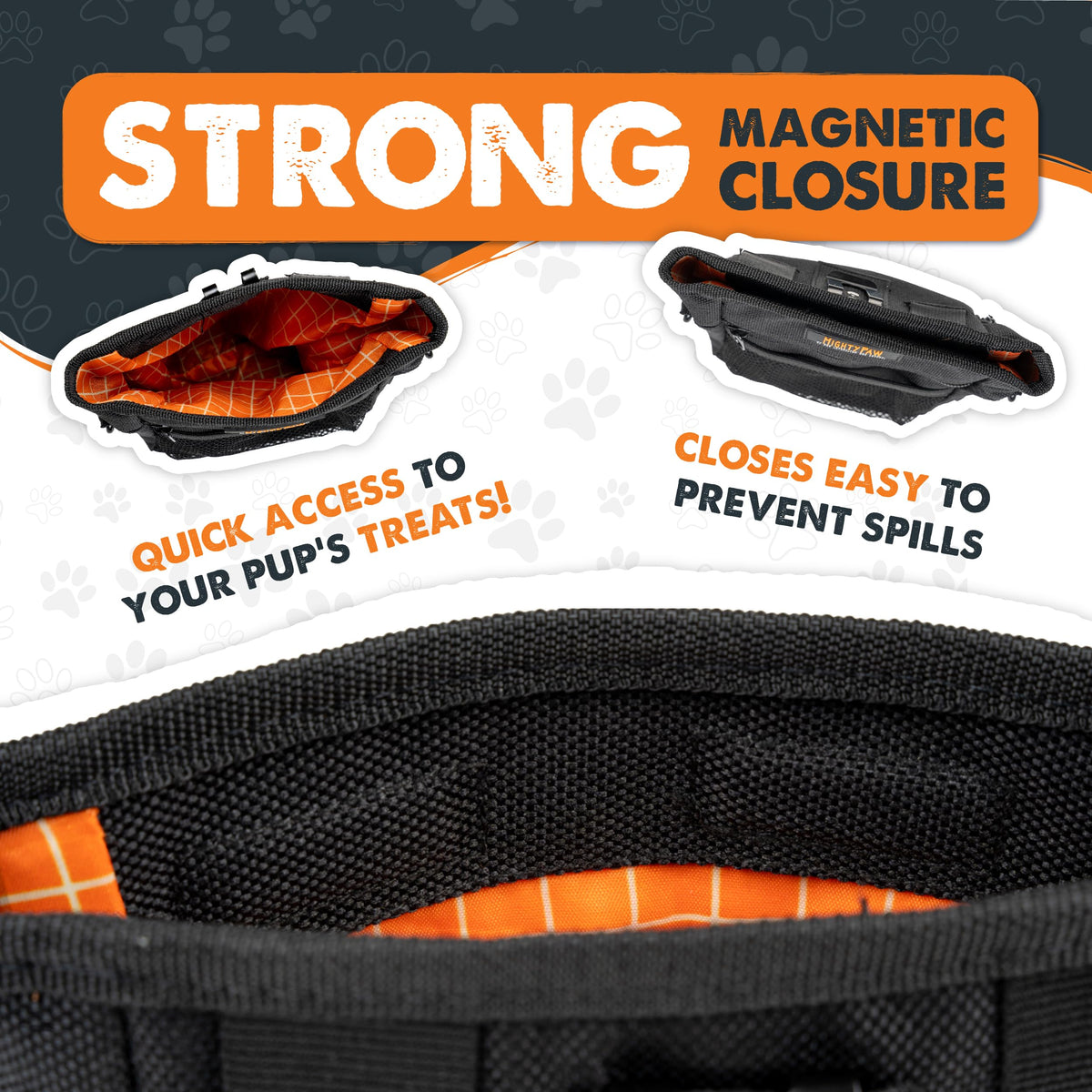 Mighty Paw Dog Treat Pouch 2.0 | Pet Training Hands-Free Snack Bag w/Strap. Holds 2 Cups Kibble, Poop Bags, Phone & Keys. Magnetic Clasp & Waist Belt Clip. Includes 1 Roll Of Poop Bags