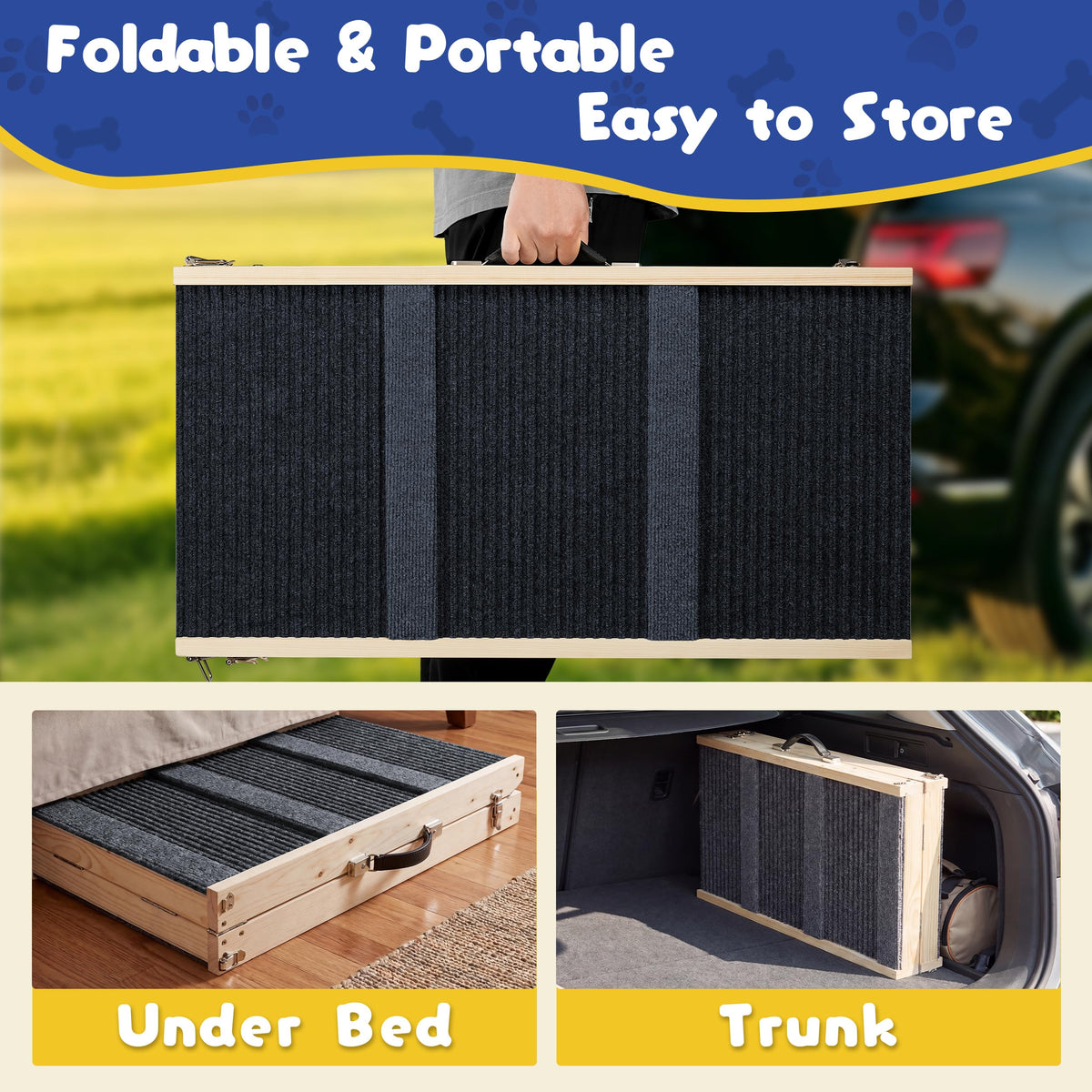 Staycalis Home 64" L Extra Long Dog Ramp for High Bed & Couch - 5 Adjustable Height 24" to 30" Wooden Non-Slip Pet Ramp, Portable Foldable Doggie Car Ramp for Small Medium Large Older Dogs