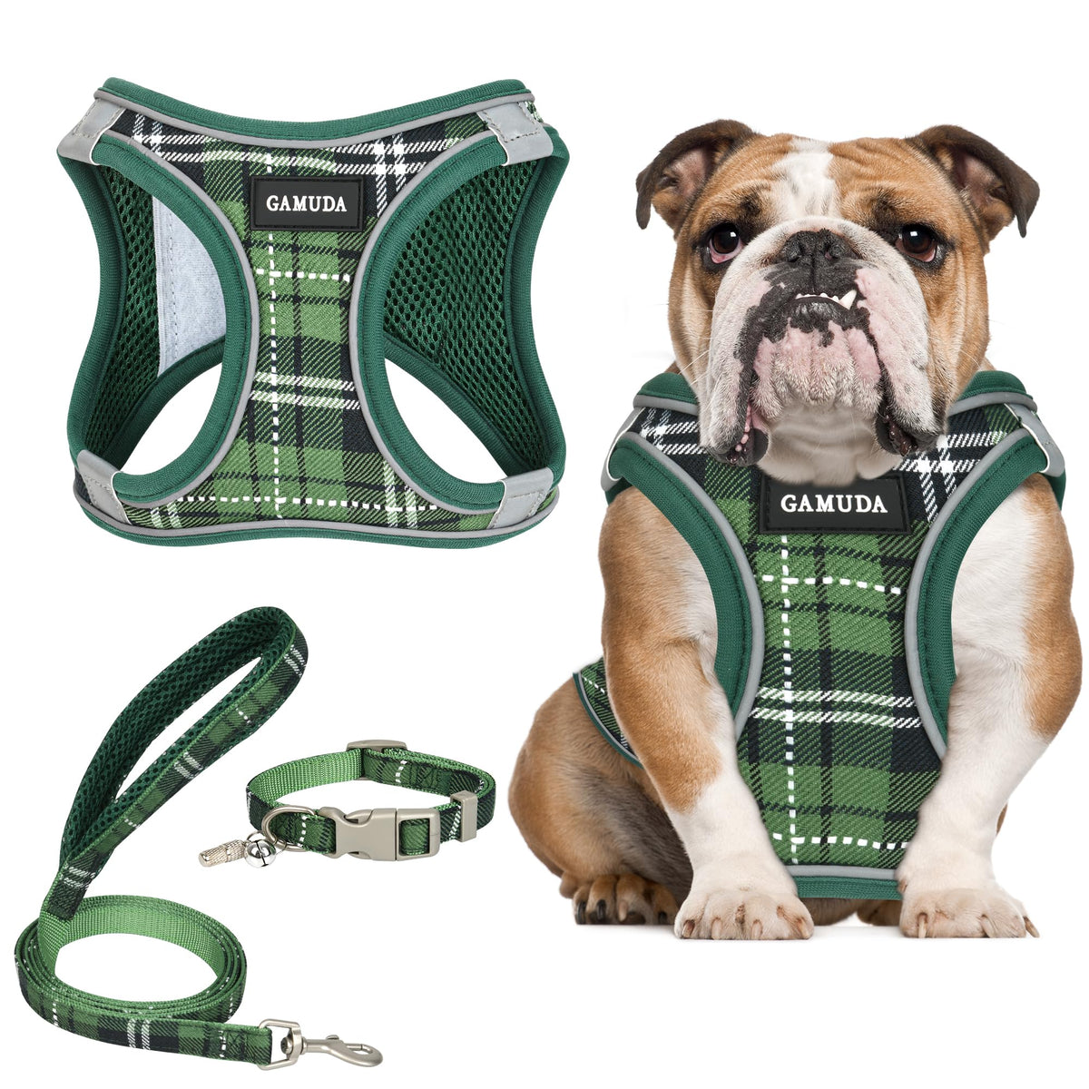 GAMUDA Small Pet Harness Collar and Leash Set, Step in No Chock No Pull Soft Mesh Adjustable Dog Vest Harnesses Plaid Reflective for Dogs Puppy Cats Kitten Rabbit