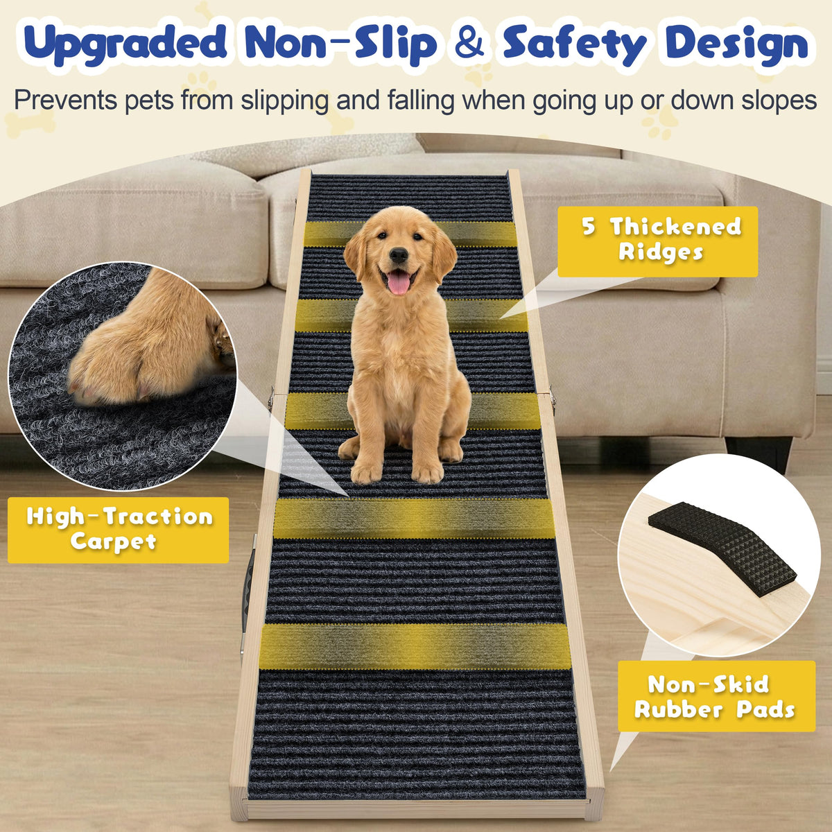 Staycalis Home 64" L Extra Long Dog Ramp for High Bed & Couch - 5 Adjustable Height 24" to 30" Wooden Non-Slip Pet Ramp, Portable Foldable Doggie Car Ramp for Small Medium Large Older Dogs