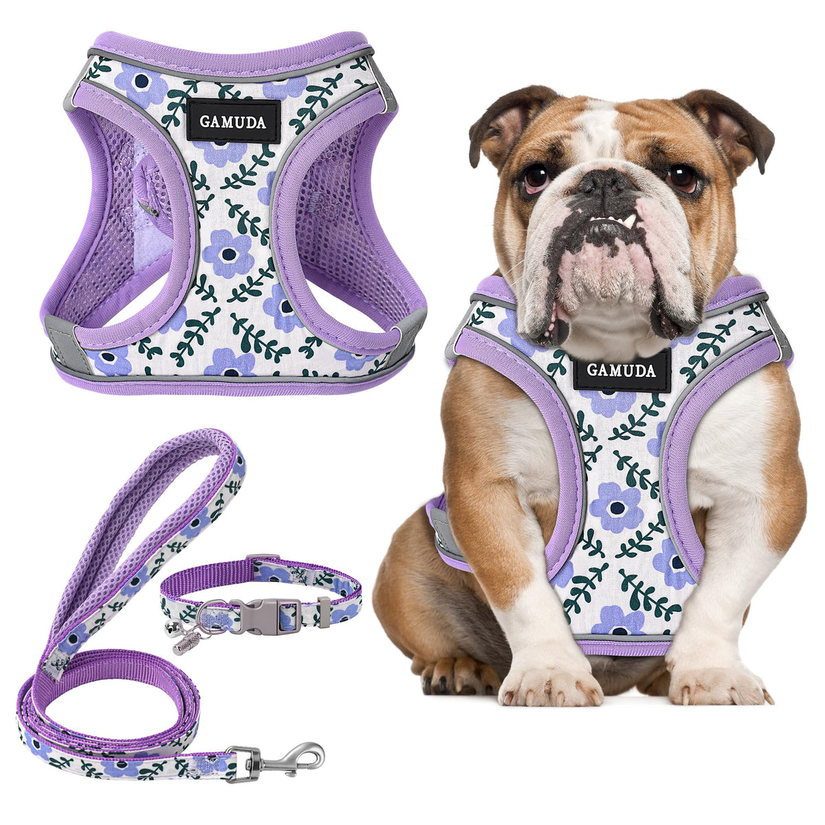 GAMUDA Small Pet Harness Collar and Leash Set, Step in No Chock No Pull Soft Mesh Adjustable Dog Vest Harnesses Plaid Reflective for Dogs Puppy Cats Kitten Rabbit