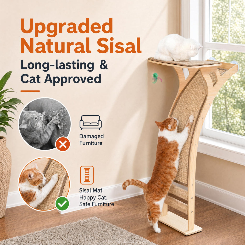 Cat Window Perch with Tall Scratching Posts, Inside Climbing Tree Hammmock Mounted with Suction Cups for Sleeping,Playing and Watching Birds