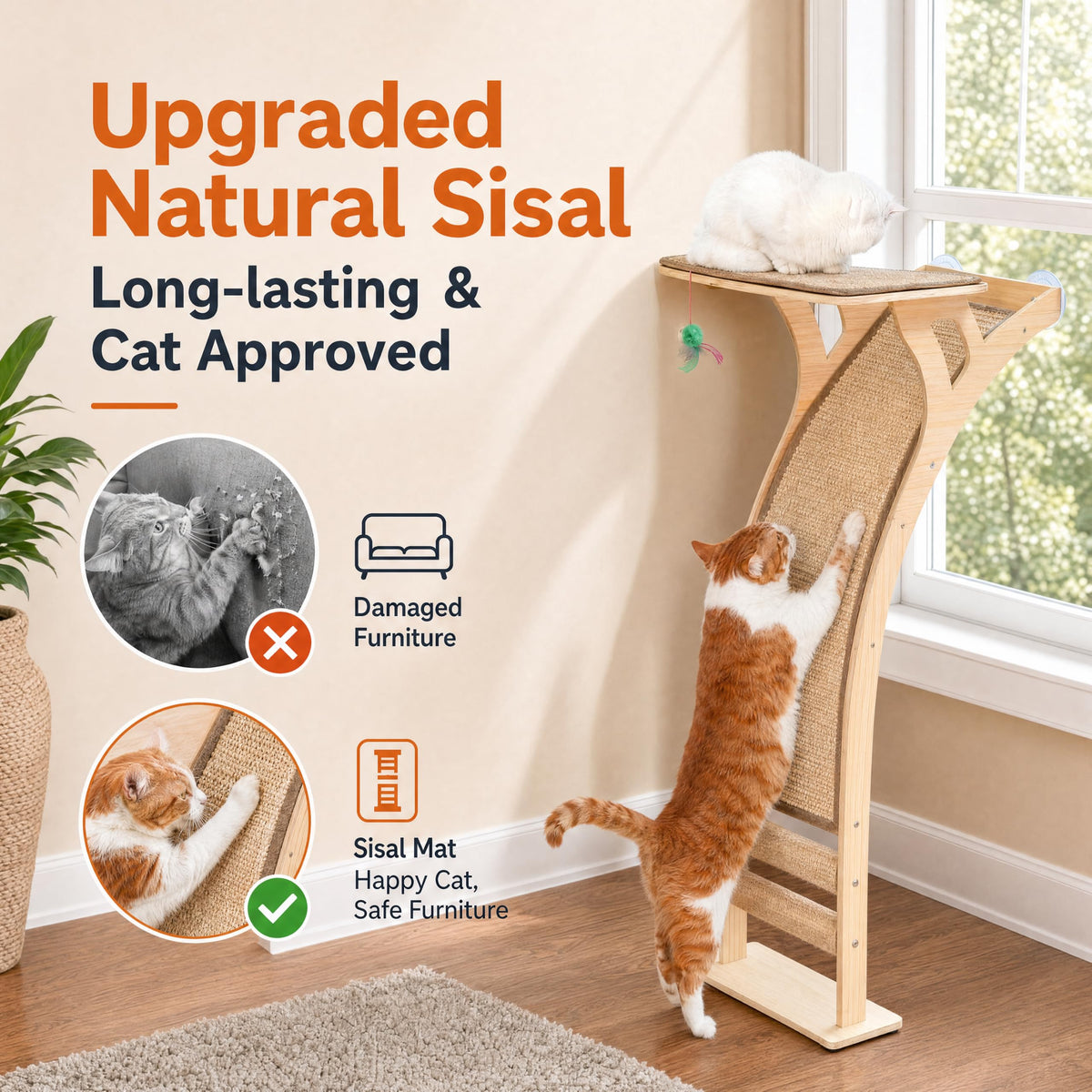 Cat Window Perch with Tall Scratching Posts, Inside Climbing Tree Hammmock Mounted with Suction Cups for Sleeping,Playing and Watching Birds