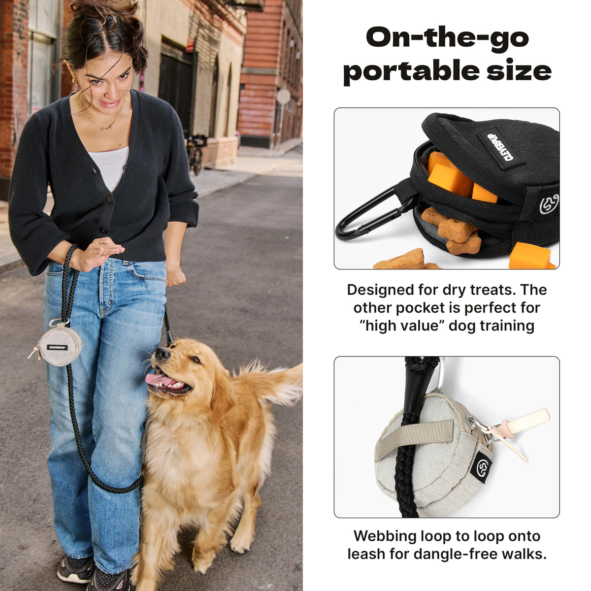 Cleverpup Snackpack Double Insulated Dog Treat Pouch – 1.5 Cup Capacity, 2 BPA-Free Waterproof Zipper Pockets, Carabiner for Belt/Leash – Compact Training & Travel Bag –