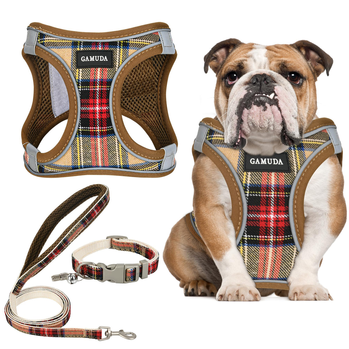 GAMUDA Small Pet Harness Collar and Leash Set, Step in No Chock No Pull Soft Mesh Adjustable Dog Vest Harnesses Plaid Reflective for Dogs Puppy Cats Kitten Rabbit