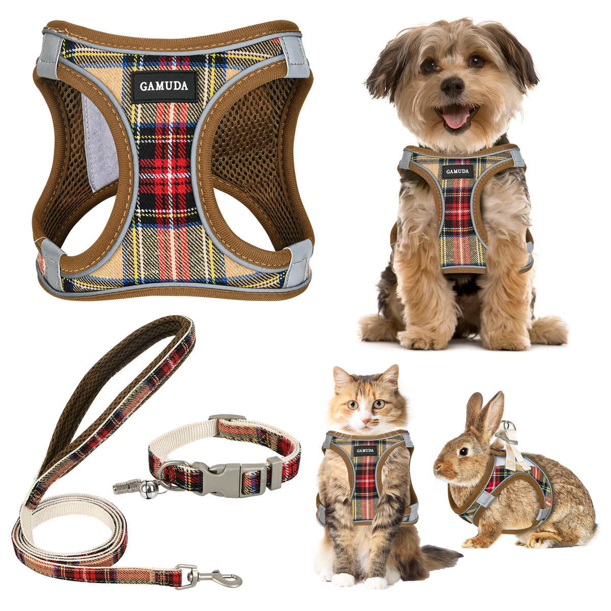 GAMUDA Small Pet Harness Collar and Leash Set, Step in No Chock No Pull Soft Mesh Adjustable Dog Vest Harnesses Plaid Reflective for Dogs Puppy Cats Kitten Rabbit