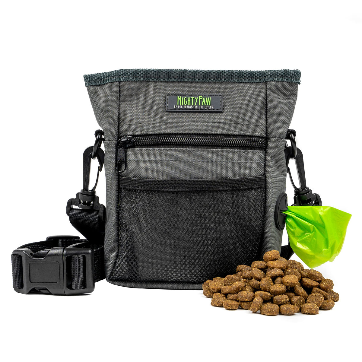 Mighty Paw Dog Treat Pouch 2.0 | Pet Training Hands-Free Snack Bag w/Strap. Holds 2 Cups Kibble, Poop Bags, Phone & Keys. Magnetic Clasp & Waist Belt Clip. Includes 1 Roll Of Poop Bags