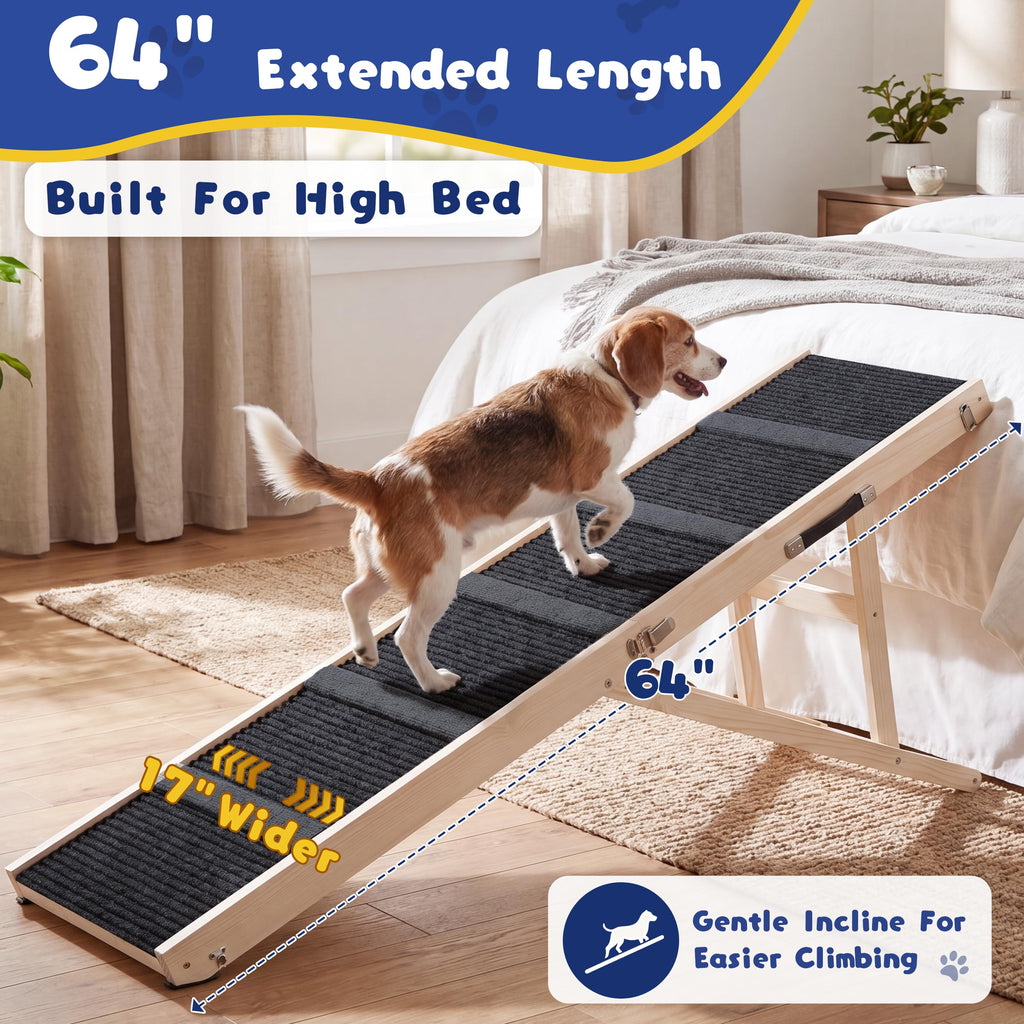 Staycalis Home 64" L Extra Long Dog Ramp for High Bed & Couch - 5 Adjustable Height 24" to 30" Wooden Non-Slip Pet Ramp, Portable Foldable Doggie Car Ramp for Small Medium Large Older Dogs