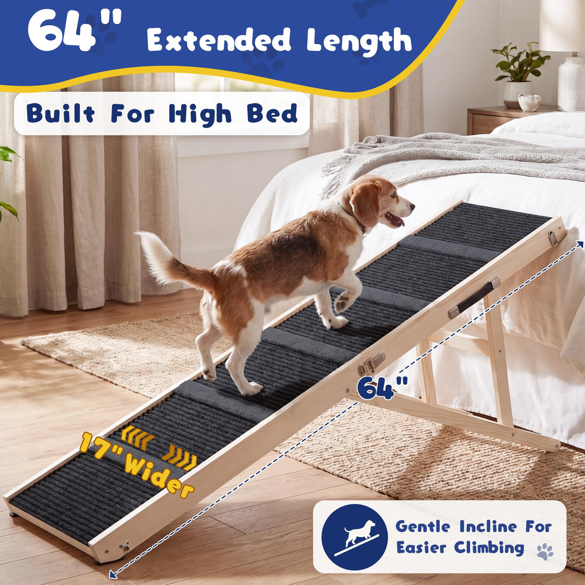 Staycalis Home 64" L Extra Long Dog Ramp for High Bed & Couch - 5 Adjustable Height 24" to 30" Wooden Non-Slip Pet Ramp, Portable Foldable Doggie Car Ramp for Small Medium Large Older Dogs