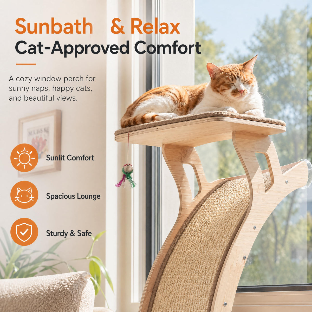Cat Window Perch with Tall Scratching Posts, Inside Climbing Tree Hammmock Mounted with Suction Cups for Sleeping,Playing and Watching Birds
