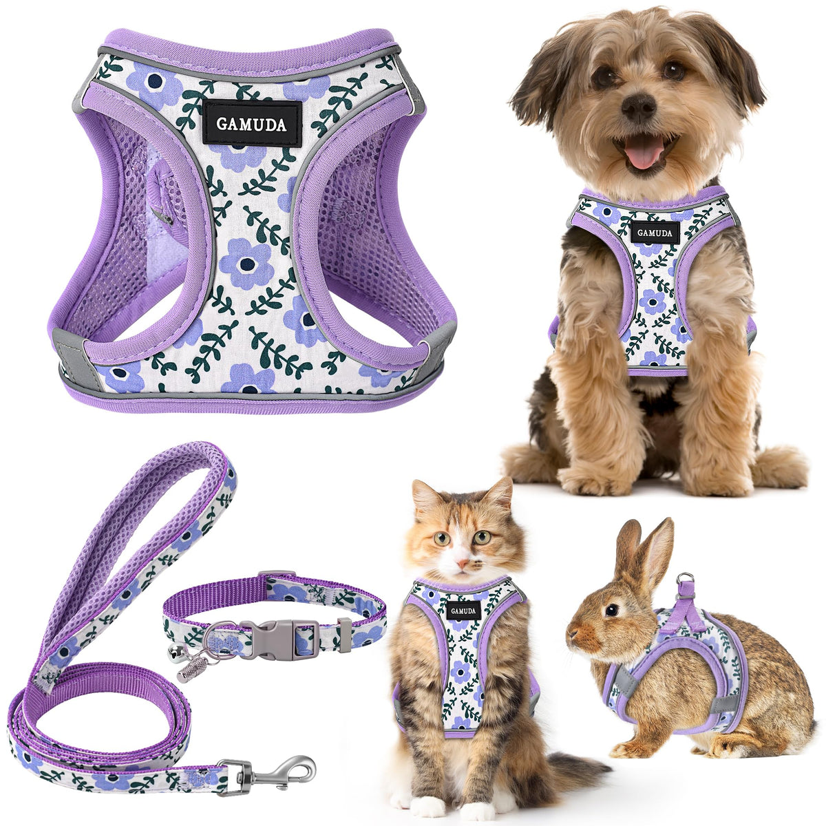 GAMUDA Small Pet Harness Collar and Leash Set, Step in No Chock No Pull Soft Mesh Adjustable Dog Vest Harnesses Plaid Reflective for Dogs Puppy Cats Kitten Rabbit