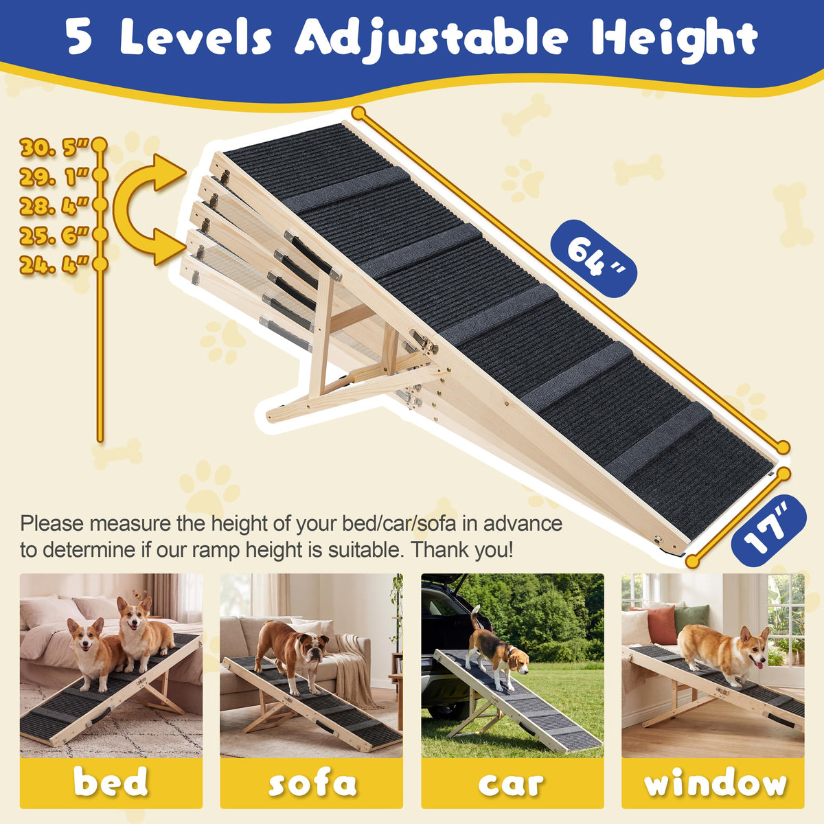 Staycalis Home 64" L Extra Long Dog Ramp for High Bed & Couch - 5 Adjustable Height 24" to 30" Wooden Non-Slip Pet Ramp, Portable Foldable Doggie Car Ramp for Small Medium Large Older Dogs