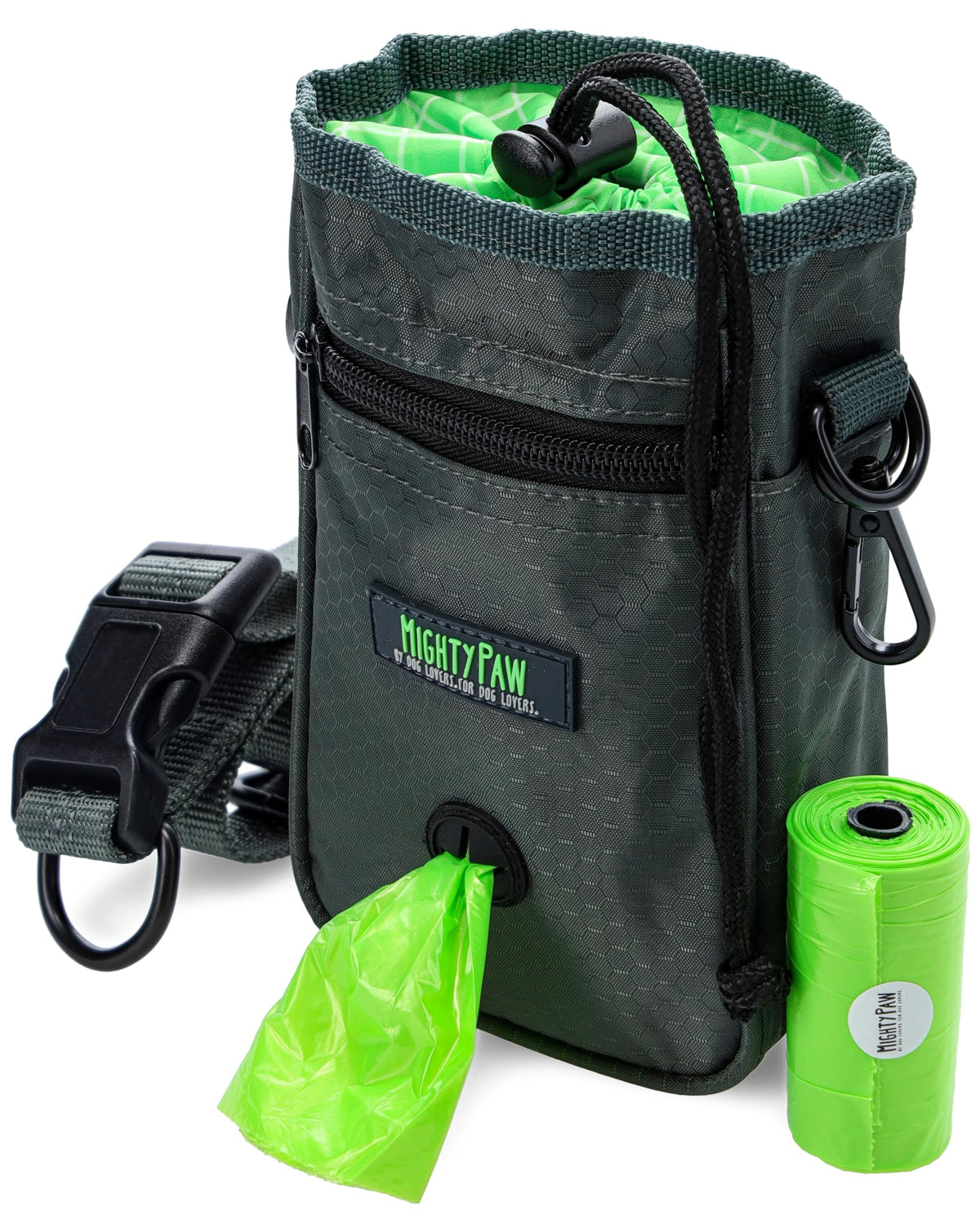 Mighty Paw Dog Treat Pouch 2.0 | Pet Training Hands-Free Snack Bag w/Strap. Holds 2 Cups Kibble, Poop Bags, Phone & Keys. Magnetic Clasp & Waist Belt Clip. Includes 1 Roll Of Poop Bags